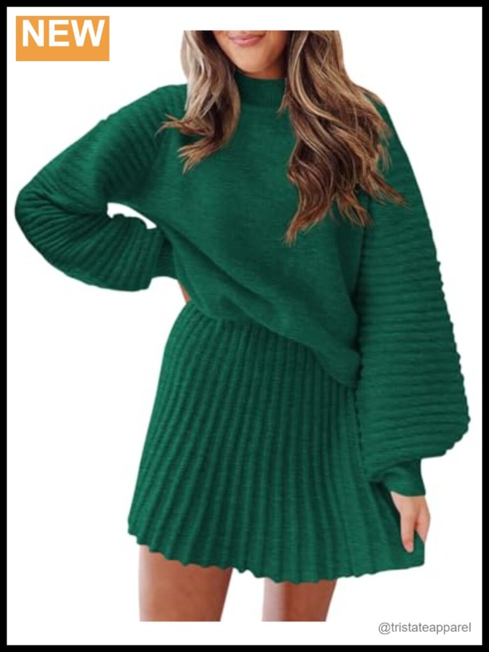 Women 2 Piece Knit Sweater Set Mock Neck Puff Sleeve Mini Skirt Outfit